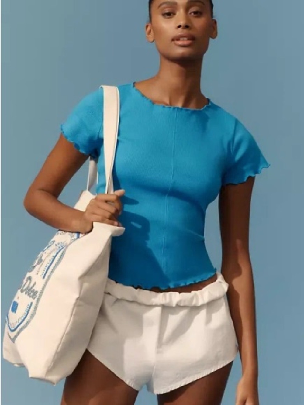Pilcro Bright Blue Ribbed Lettuce-Edge Crop Top